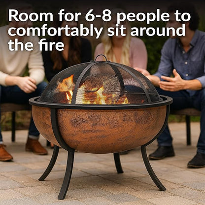 Sunnydaze 32-Inch Copper Fire Pit for Outside - Wood-Burning Fire Pit Bowl with Spark Screen, Wood Grate, and Poker