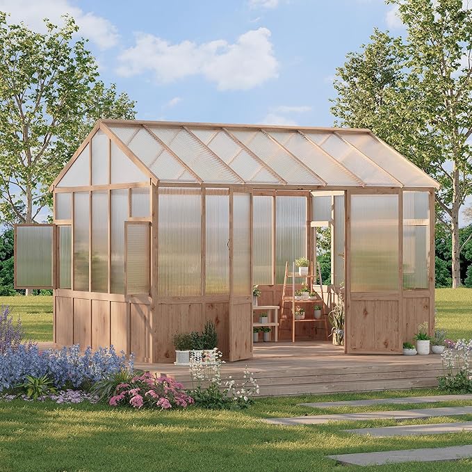 10X12 FT Heavy Duty Wooden Greenhouse for Outdoor - Walk-in Green House Kit with 6mm Polycarbonate, Ventilated Window & Lockable Door for Backyard, Patio, Lawn