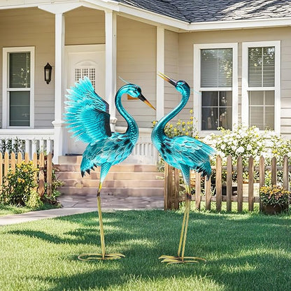 36.75in Metal Heron Garden Statue Handmade Oversize Crane Sculptures with Stable Ground Stakes, Backyard Decoration, Metal Garden Art