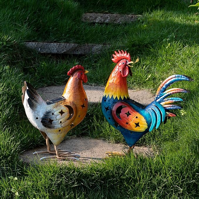 Natelf Solar Rooster Hen Yard Decorations Outdoor Metal Yard Decor Animal Chickens Yard Art for Garden Decor, Lawn Ornament for Porch Backyard Patio Coop Kitchen, Housewarming Gift, Set of 2