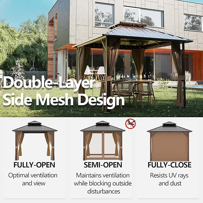 10' x 10' Outdoor Hardtop Gazebo Aluminum Frame with Double Metal Roof, Canopy Netting, Curtain, Patio Permanent Galvanized Steel Gazebo for Backyard, Garden, Party, Deck, Lawn