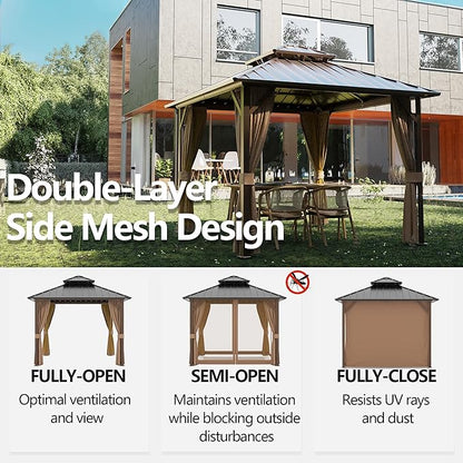 10' x 10' Outdoor Hardtop Gazebo Aluminum Frame with Double Metal Roof, Canopy Netting, Curtain, Patio Permanent Galvanized Steel Gazebo for Backyard, Garden, Party, Deck, Lawn