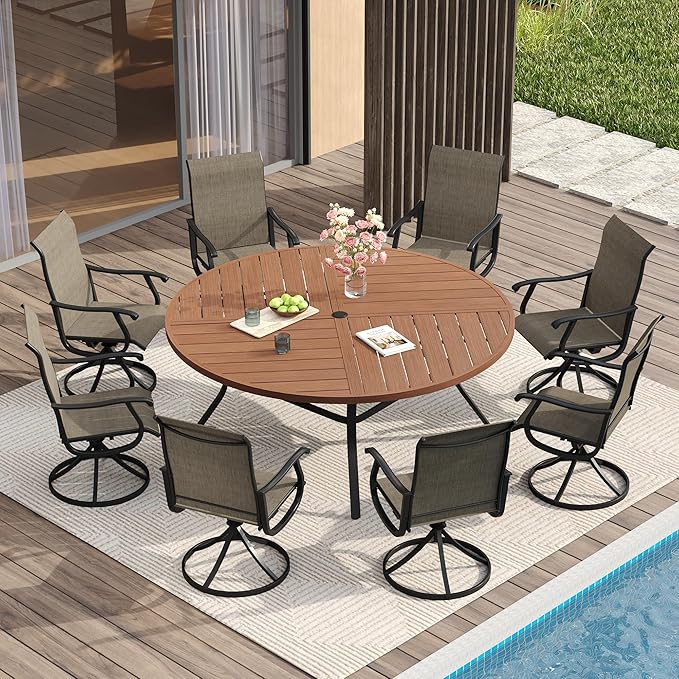 VICLLAX 9 Pieces Patio Dining Set for 8 Includes 60" Outdoor Round Table and 8 Patio Swivel Chairs for Lawn Garden, Walnut Tabletop and Mixed Brown Fabric