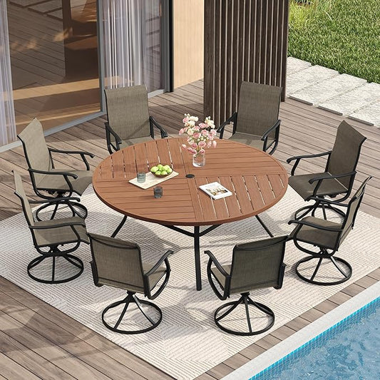 VICLLAX 9 Pieces Patio Dining Set for 8 Includes 60" Outdoor Round Table and 8 Patio Swivel Chairs for Lawn Garden, Walnut Tabletop and Mixed Brown Fabric