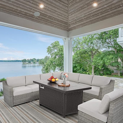 HAPPATIO Propane Fire Pit Table - 48 inch 50,000 BTU Aluminum Outdoor Patio Fire Pit,Wicker & Aluminum Rectangular Propane Gas Fire Pit, Clear Glass Rock and Tabletop Lid, Black PE Rattan(Brown)