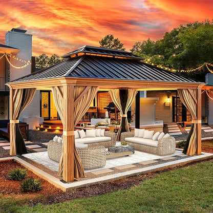 YOLENY 12' x 14' Hardtop Gazebo Wood Grain Aluminum Frame Gazebo, Outdoor Permanent Metal Pavilion with Netting and Curtains for Deck, Backyard, Patio, Lawns