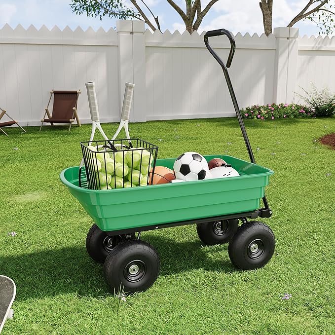 Garden Dump Cart - 600Lb Capacity Heavy Duty Yard Utility Garden Cart with Removable Dump Bed, All-Terrain Tires & 180° Adjustable Handle for Soil, Plants, Tools