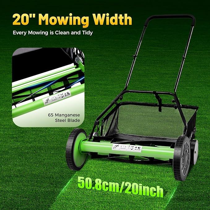 20 Inch 5-Blade Push Reel Lawn Mower, Cordless Manual Lawn Mower with Grass Catcher, Adjustable Cutting Height, Walk-Behind Lawn Mowers for Yard, Garden