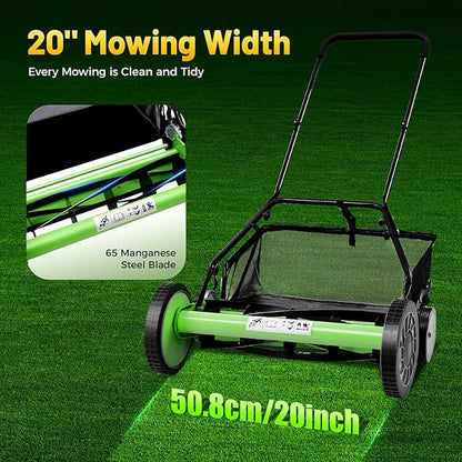 20 Inch 5-Blade Push Reel Lawn Mower, Cordless Manual Lawn Mower with Grass Catcher, Adjustable Cutting Height, Walk-Behind Lawn Mowers for Yard, Garden