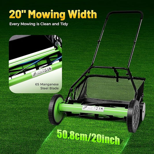 20 Inch 5-Blade Push Reel Lawn Mower, Cordless Manual Lawn Mower with Grass Catcher, Adjustable Cutting Height, Walk-Behind Lawn Mowers for Yard, Garden