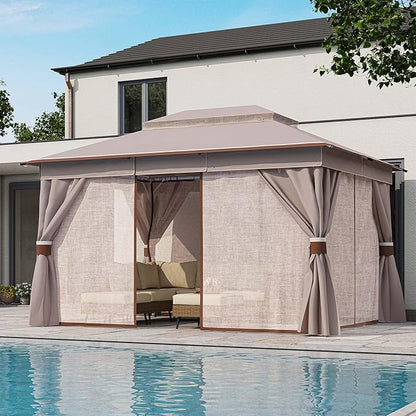 LAUSAINT HOME Outdoor Patio Gazebo 10'x13' with Expansion Bolts, Heavy Duty Party Tent & Shelter with Double Roofs, Mosquito Nettings and Privacy Screens for Backyard, Garden, Lawn