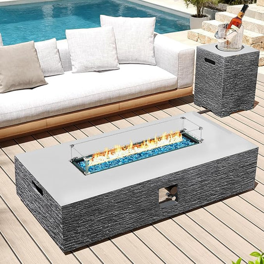 UPHA 56-inch Outdoor Propane Gas Fire Pit Table 50000 BTU Concrete Rectangle FirePit for Outside Patio with Propane Tank Cover, Wind Guad, Blue Glass Rocks, Rain Cover, Grey Horizontal Stripe