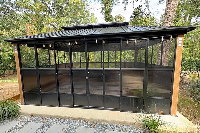 PURPLE LEAF 12' X 16' Patio Hardtop Gazebo Double Top Outdoor Screen House Aluminum Solarium Backyard Sun Room with Detachable Windows and 24 Solar String Light