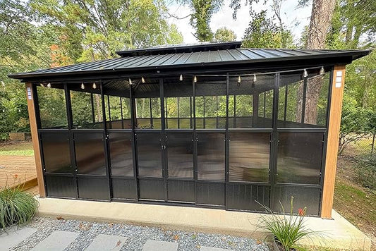 PURPLE LEAF 12' X 16' Patio Hardtop Gazebo Double Top Outdoor Screen House Aluminum Solarium Backyard Sun Room with Detachable Windows and 24 Solar String Light