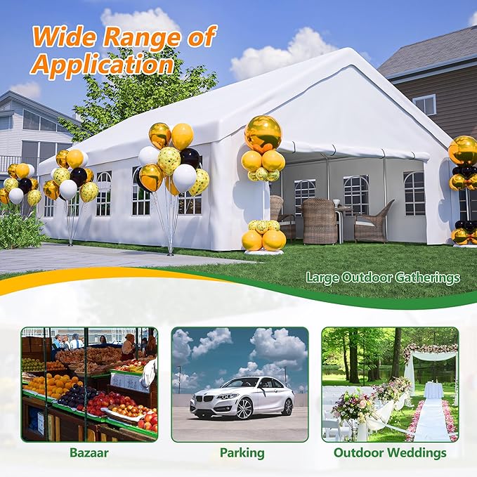 20x32 FT Heavy Duty Party Tent, White Outdoor Canopy with Removable Sidewalls & 3 Storage Bags, Waterproof Gazebo for Wedding, Camping, BBQ, and Commercial Events