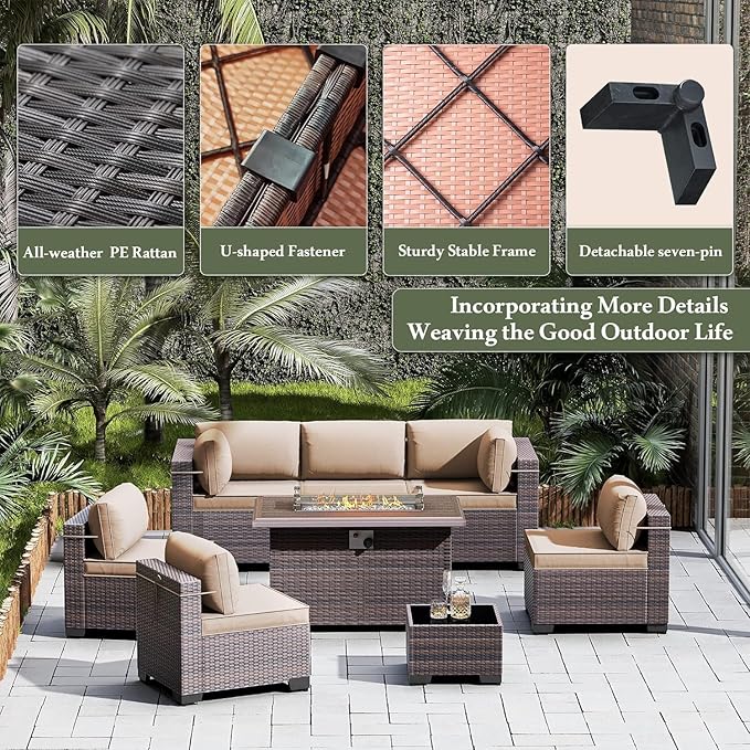 13 Pieces Outdoor Patio Furniture Set with Propane Fire Pit Table Outdoor Furniture Patio Sectional Sofa Conversation Sets w/ETL Approved 43" Gas Outdoor Fire Table & Coffee Table Brown