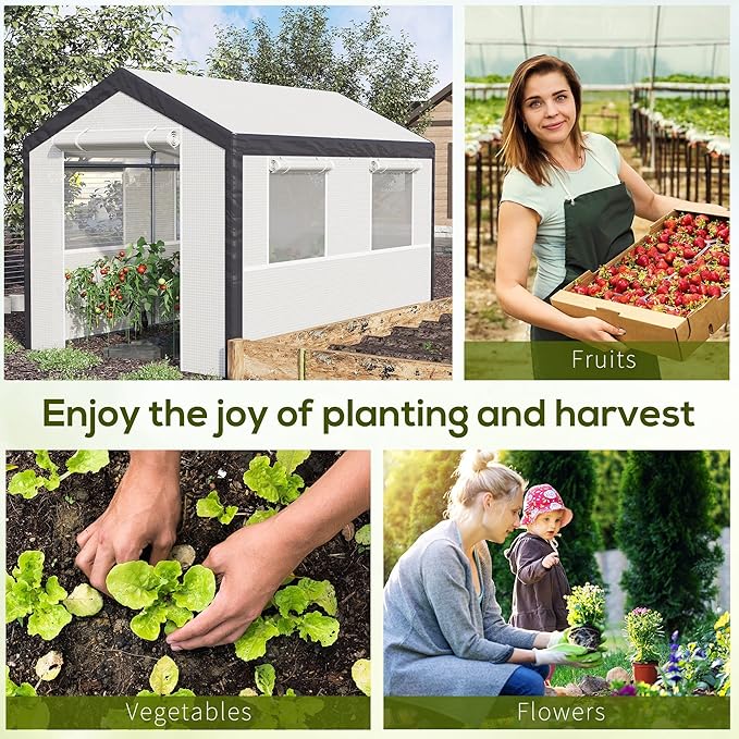 Outsunny 10' x 7' x 7' Greenhouse, Walk-in Outdoor Tunnel Green House with PE Cover, Steel Frame, 2 Roll-Up Zipper Doors & 4 Windows for Flowers, Vegetables, Tropical Plants, White