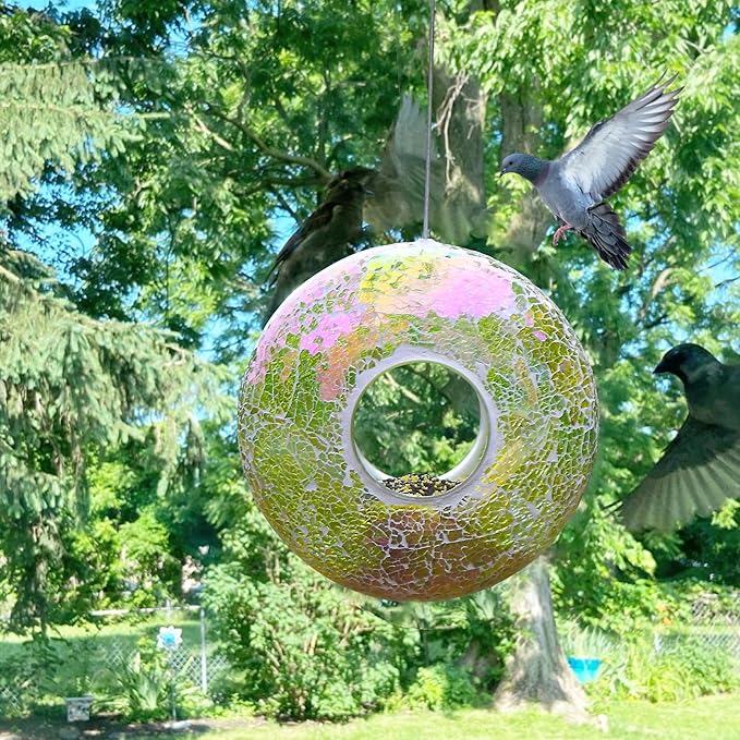DUSVALLY 9" H Round Fly Through Bird Feeder for Wild Bird Seeds, Crackled Glass Mosaic Outdoor Hanging Feeder for Decorative in Outdoor Garden & Yard, Attracting Wild Birds, Green