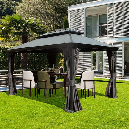 Outdoor Hardtop Gazebo for Patio 10x14FT with Resin-Galvanized Steel Roof, Metal Hard Top Gazebo with Gutters, Heavy Duty Gazebos All Season with Curtains & Netting, for Deck, Backyard, Hot Tub