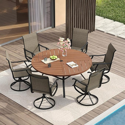 VICLLAX 7 Pieces Patio Dining Set for 6, Outdoor Furniture Set Includes 47.2" Outdoor Round Table and 6 Patio Swivel Chairs for Lawn Garden, Walnut Tabletop and Mixed Brown Fabric
