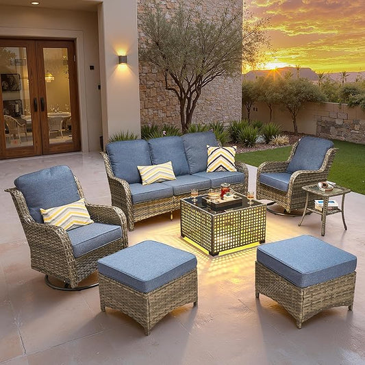 ovios 7 Pieces Patio Furniture Set, Outdoor Wicker Sofa Couch with Swivel Chairs Solar Lights Table, High Back All Weather Modern Conversation Sets, Grey Rattan, Denim Blue