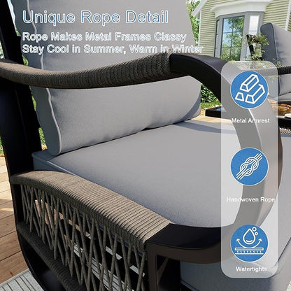 12 Pieces Patio Conversation Sets, All Weather Metal Outdoor Furniture Set, 3-Seater, 4 Swivel Rockers, 2 Single Chairs, 1 Loveseat, 2 Side Tables, 1 Coffee Table, 1 Fire Pit Table for Outside, Gray