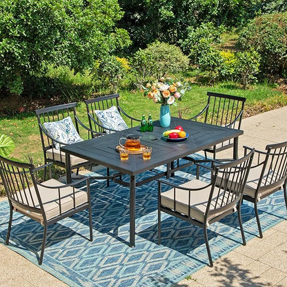 Sophia & William 7 Pieces Metal Patio Dining Set, Rectangle Outdoor Table of 1.77" Umbrella Hole and 6 Armchairs with Seat Cushions, Outdoor Conversation Furniture for Porch Backyard Balcony Deck