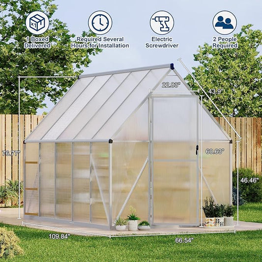 6X9 ft Polycarbonate Greenhouse with Aluminum Frame, Polycarbonate Greenhouse for Outdoors, Greenhouses with Ventilation, Aluminum Large Walk-in Greenhouses for Outside