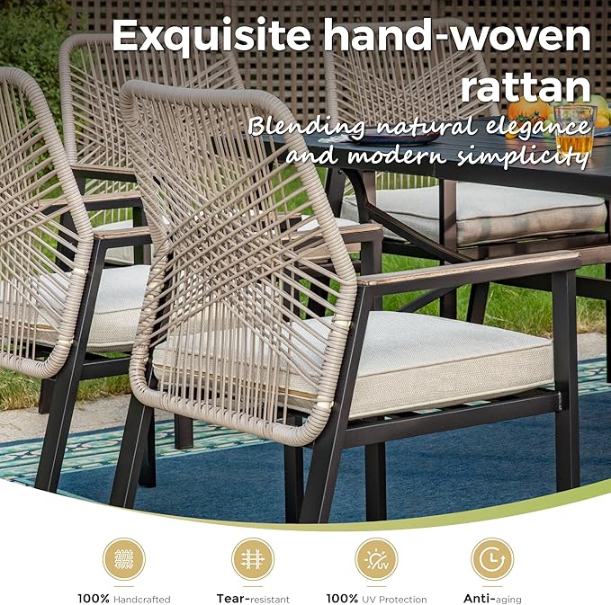 9 Pieces Outdoor Dining Set for 8, Patio Dining Set Wicker Rattan Chairs with Soft Cushion and Square Table with Umbrella Hole, Wicker Patio Table and Chairs for Backyard Porch