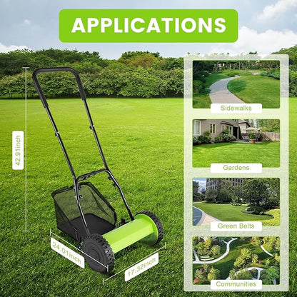 Push Lawn Sweeper, 12 Inch 5 Blade Manual Push Reel Lawn Mower with 23L Collection Bag, Adjustable Push Lawn Sweeper Grass Catcher Outdoor Power Tools for Picking up Leaves, Grass and Debris on Lawns