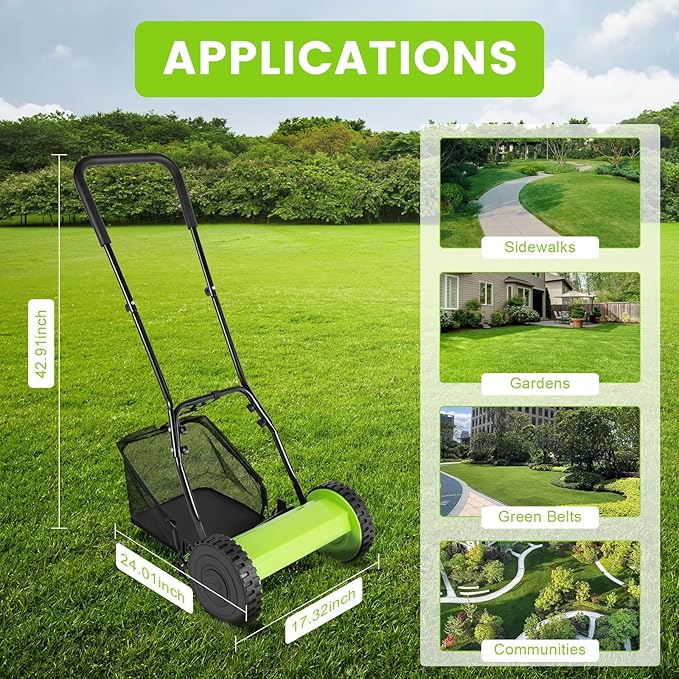 12 Inch 5-Blade Push Reel Lawn Mower, Cordless Manual Lawn Mower with Grass Catcher, Adjustable Cutting Height, Walk-Behind Lawn Mowers for Yard, Garden