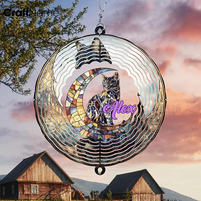 Personalized Cat & Moon Wind Spinner 3D Stainless Steel, Cat Garden Spinner Hanging Outdoor Decor, Wind Spinners Outdoor, Custom Gift for Grandmother, Mom, Wife