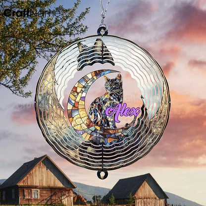 Personalized Cat & Moon Wind Spinner 3D Stainless Steel, Cat Garden Spinner Hanging Outdoor Decor, Wind Spinners Outdoor, Custom Gift for Grandmother, Mom, Wife