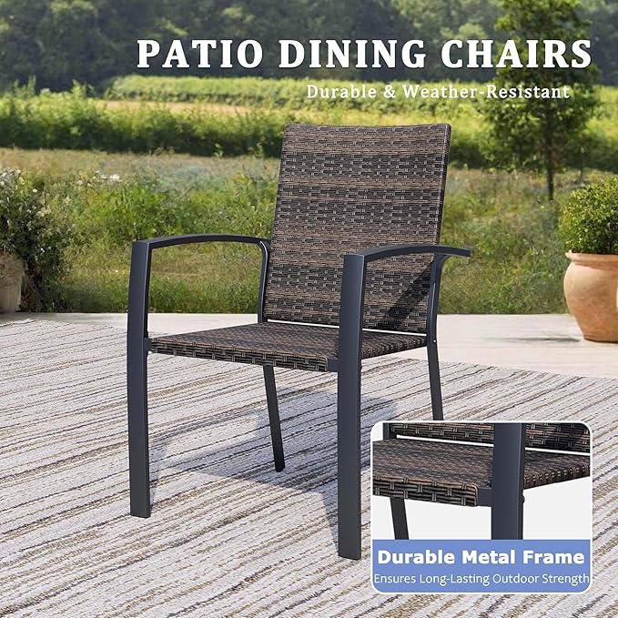 Outdoor Dining Chairs Set of 6, Stackable Patio Chairs with Woven Rattan Back & Seat, Perfect for Patio, Garden, or Deck, Rattan Gray Brown