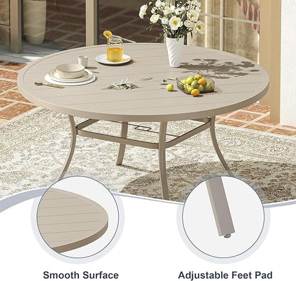 VICLLAX 53" Outdoor Round Patio Dining Table for 8, All Weather Metal Dining Table with Umbrella Hole for Deck Lawn Garden Backyard, Sandshell