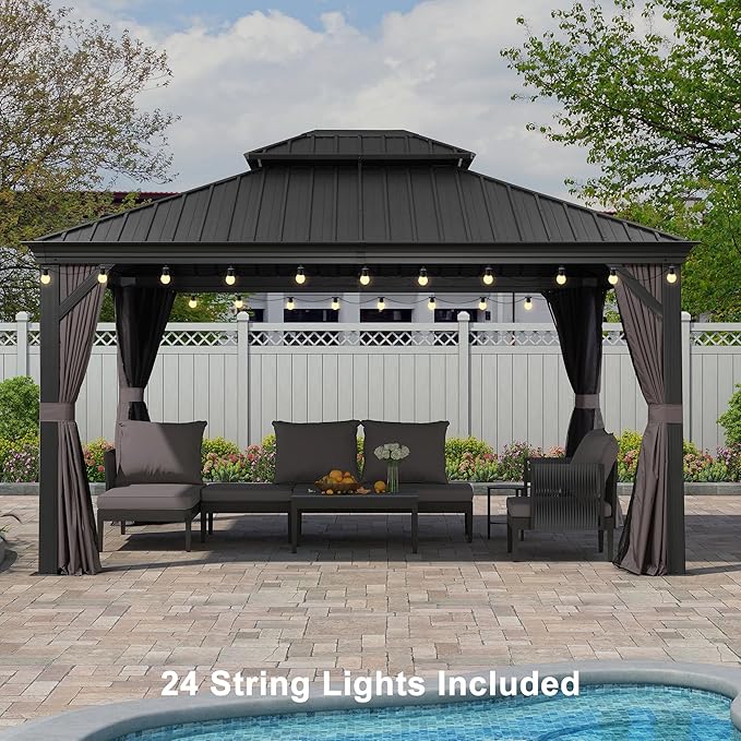PURPLE LEAF 12' X 14' Patio Gazebo with Light Permanent Hardtop Gazebo with Metal Roof for Outdoor Lawn and Garden Grey