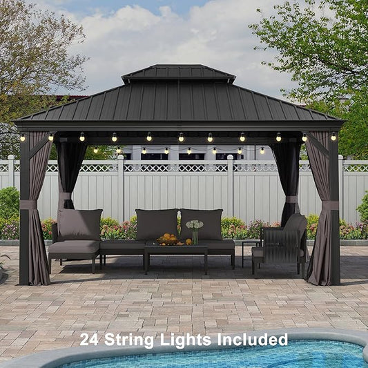PURPLE LEAF 12' X 14' Patio Gazebo with Light Permanent Hardtop Gazebo with Metal Roof for Outdoor Lawn and Garden Grey
