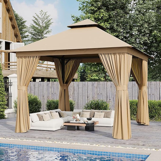 AOXUN Outdoor Gazebo for Patio 10x10, Metal Frame Canopy with Double Roofs, Heavy Duty Party Tent and Shelter with Mosquito Netting and Privacy Screen for Backyard, Lawn, Garden, Deck (Beige)