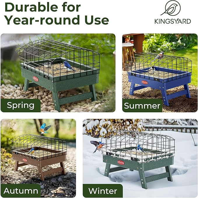 Kingsyard Squirrel Proof Ground Bird Feeder for Outdoors - Recycled Plastic Platform Feeding Station, Fly-Through Metal Caged Wild Bird Feeder for Small Birds, 5 LBS Large Capacity, Brown