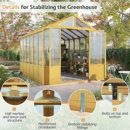 Jocisland 8x9.5x7.5 Ft Wooden Greenhouse, Pre-Assembled Solid Cedar Frame, Walk-in Design, Lockable Door, Adjustable Roof Vents, Polycarbonate Panels for Outdoor, Garden, Backyard