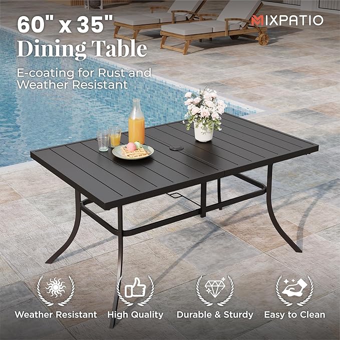 Outdoor Patio Dining Set 7 Piece Furniture Set with Metal Patio Dining Table with Umbrella Hole Table for Deck Garden Backyard Lawn Poolside