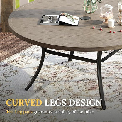 VICLLAX Patio Dining Set for 8, 9 Pieces Outdoor Furniture Includes 60" Round Patio Table with Umbrella Hole and 8 Outdoor Swivel Chairs for Lawn Garden, Grey Wood Grain Tabletop and Grey Fabric