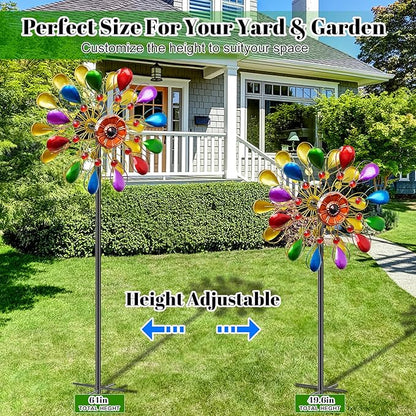 64 inch Garden Wind Spinner, Outdoor Wind Sculpture with 5 Prong Base Stand, Metal Windmill for Lawn Yard Outdoor Art Decorations (B-Colorful)