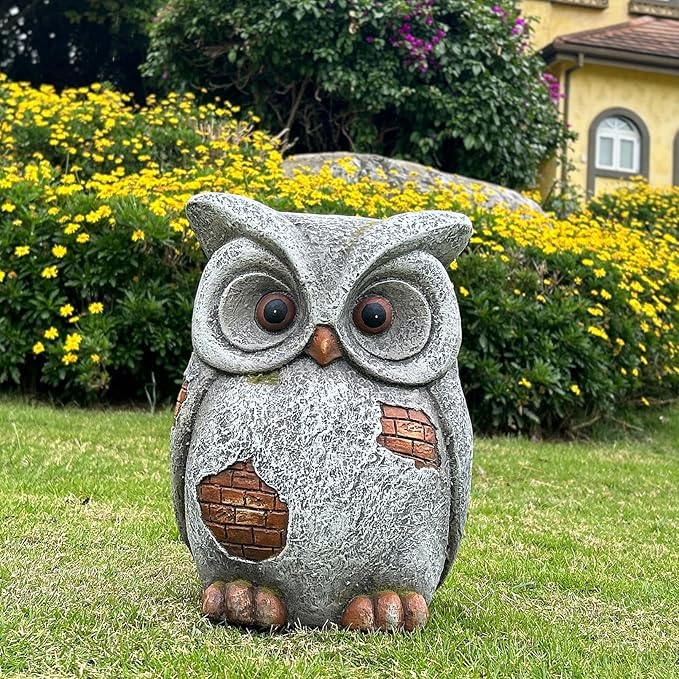 13‘’H Owl Statue Garden Owl Stool MGO Outdoor Decor Statue Decorative Sculpture Stool Plant Stand for Home Decor Yard Patio Garden Statues,Grey