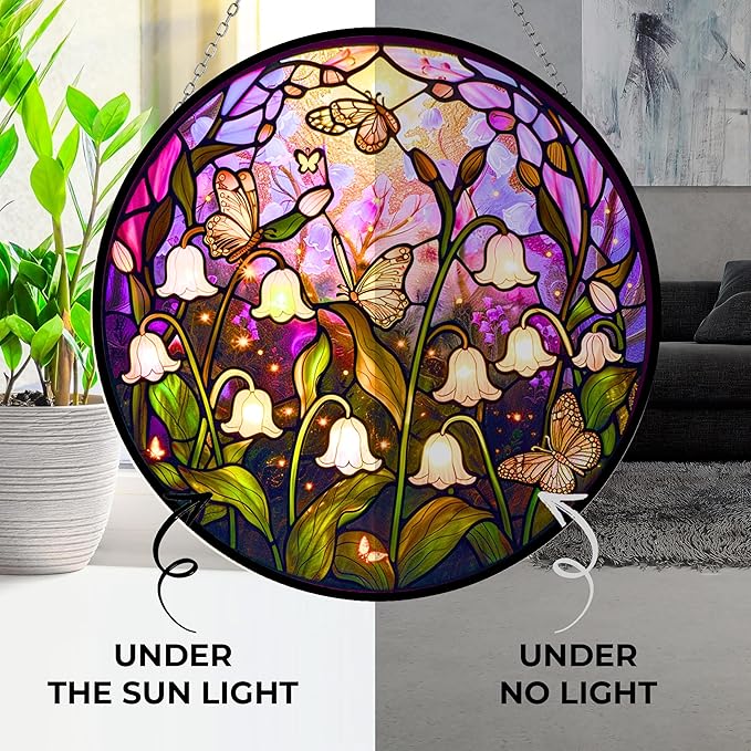 Lily Stained Glass Window Hanging, Lily of The Valley Flower Sun Catchers Colorful Glass Panel Green Plants Christmas Suncatcher Decor for Birthday for Women,Men,Wife, Lovers & Mom 6.3 in