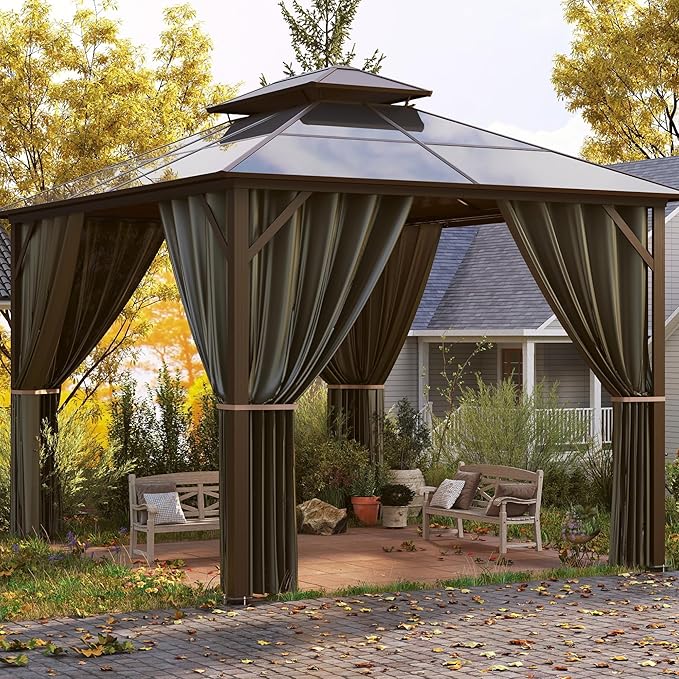 Kingdura Hardtop Gazebo 10'x12' with Double Polycarbonate Roof Canopy, Outdoor Gazebo with All-Weather Resistant Aluminum Frame Permanent Pavilion, UV Blocking for Patio Lawn Garden (Brown)
