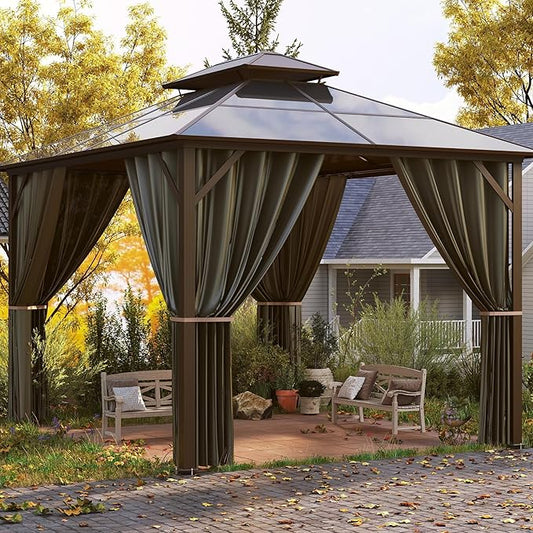 Kingdura Hardtop Gazebo 10'x12' with Double Polycarbonate Roof Canopy, Outdoor Gazebo with All-Weather Resistant Aluminum Frame Permanent Pavilion, UV Blocking for Patio Lawn Garden (Brown)