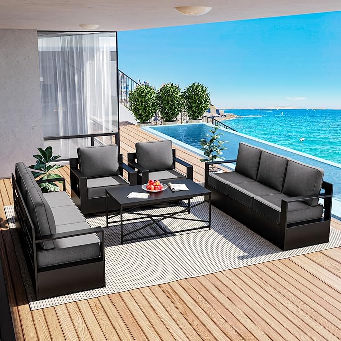 Outdoor Patio Furniture Set, 5-Piece Aluminum Patio Conversation Set All-Weather Metal Outdoor Sectional with 6 Inch Thick Cushions, Deep Setting for Garden, Outside and Porch