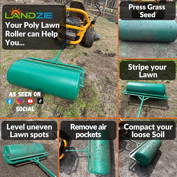 Landzie 36 Inch Poly Lawn Roller – 21.1 Gallon Heavy Duty Sod and Yard Roller for Boosting Seed to Soil Contact - Water Filled Barrel Presses in Grass Seed to Improve Germination - Lawn Flattener