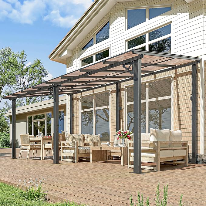 10x16FT Lean to Gazebo, Hardtop Metal Pergola with Polycarbonate Roof, Large Wall Mounted Heavy Duty Awnings, Patio Canopy for Backyard, Deck, Porch